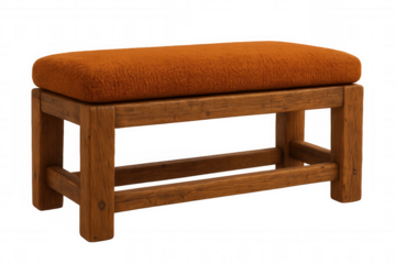 Wooden bench featuring orange upholstered seat, clean transparent background, perfect for minimalist interior design layouts