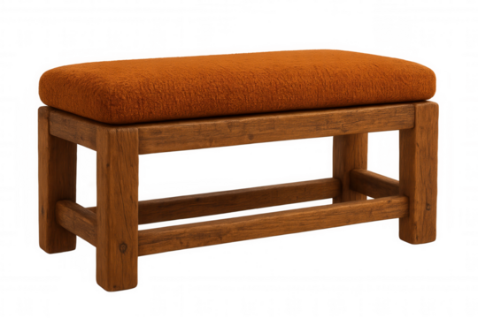 Wooden bench featuring orange upholstered seat, clean transparent background, perfect for minimalist interior design layouts