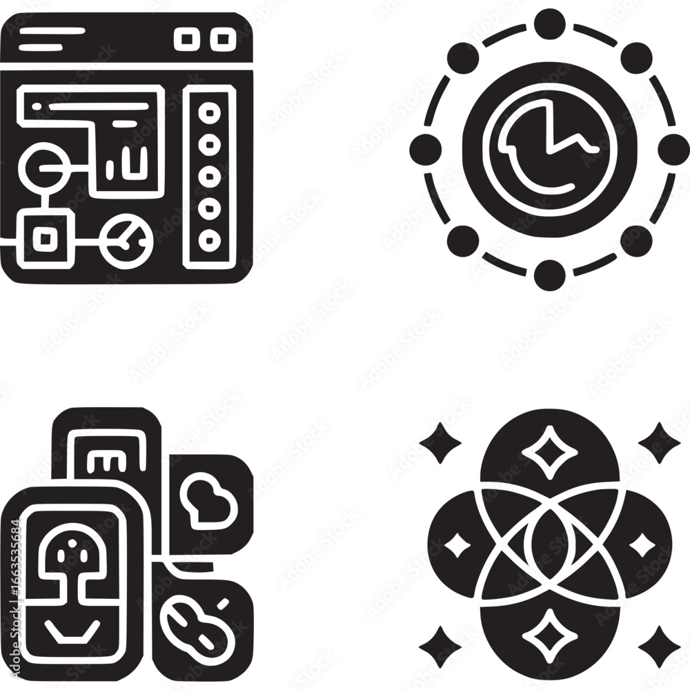 Poster art of collection of modern flat icons representing various concepts like technology, data analysis,