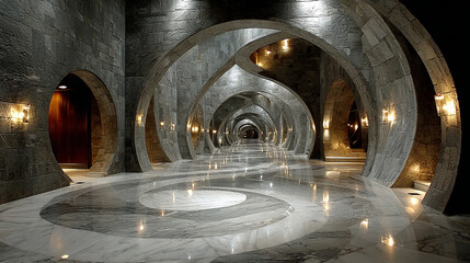 Fototapeta premium 3d rendering. Corridor made of light marble with spiral walls stretching into the distance.