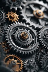 Close-up view of intricate gears. Interlocking metal gears of various sizes and tones, some dark gray, others a golden hue, are tightly meshed, creating a detailed mechanical design