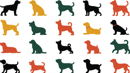Colorful dog silhouettes, playful pet poses, sitting and standing dogs, vector icons, animal grid, puppy shapes, multicolor design set