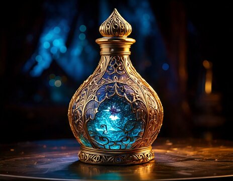 魔法使いの秘薬が入った豪華な装飾の小瓶（An ornate vial containing a wizard's elixir.）
