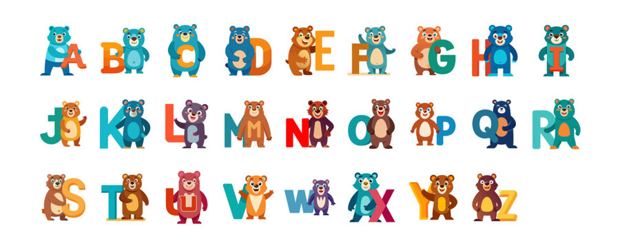 Playful Bear Alphabet Characters A to Z Vector Set for Kids, Cute Cartoon Animal Letters, Children Book Illustration Graphics