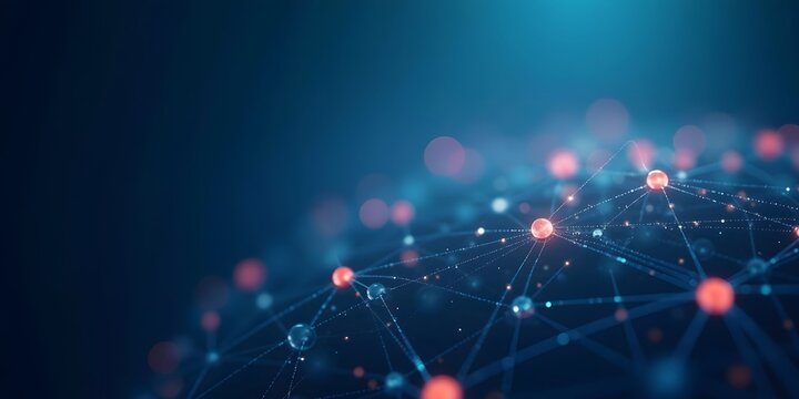  3D glowing neural nodes and connecting lines, Abstract of digital artificial intelligence glowing neural networks, binary streams, and futuristic tech structures on a dark backdrop