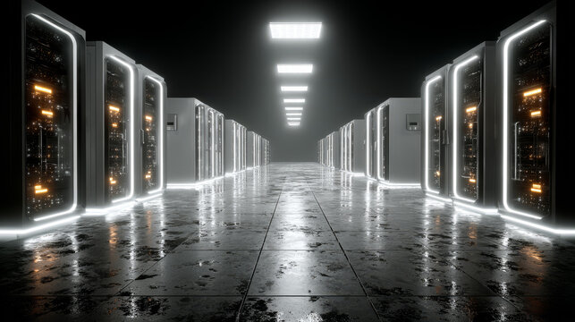 Server room center exchanging cyber datas and connections 3D rendering