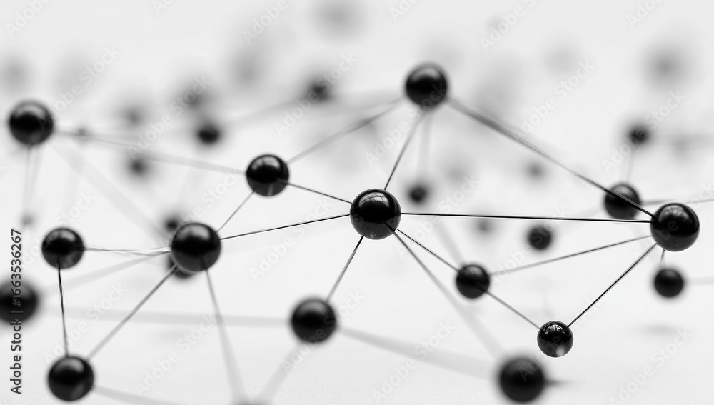 Poster abstract black spheres connected by thin lines, creating a complex network against a light backgroun