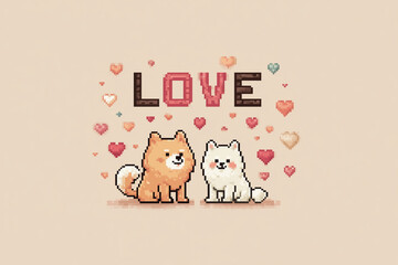 Cute pixel art featuring two dogs surrounded by hearts and word LOVE prominently displayed. This charming illustration evokes feelings of affection and joy