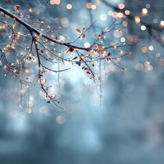 Winter wonderland scene with frosted branches and warm lights