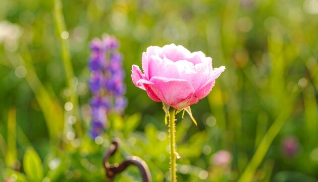 A vibrant pink rose, covered in dew drops, stands out against a blurred backdrop of lush greenery and purple wildflowers, bathed in the soft light of a summer's day.