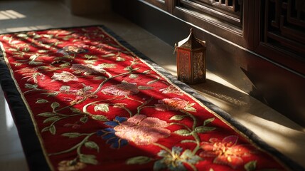 Ornate red carpet with floral embroidery, sunlight highlights intricate design. Small, dark metal box