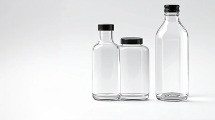 Minimalist studio shot featuring a clean arrangement of three different sized clear glass bottles with black screw caps on a seamless white background. Ideal for product mockups.
