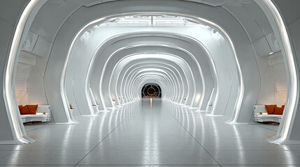 3d rendering. Empty light white studio room futuristic Sci Fi big hall room with lights white, Future background for design.