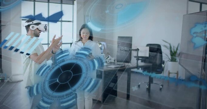 VR engineer gesturing projecting disc while analyst tapping tablet spinning globe for analytics