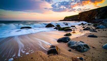 Dramatic sunset over a rocky beach