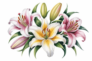 Fototapeta premium Elegant Lilies Bouquet Watercolor Painting of Pink and White Lilies