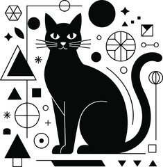 Geometric black cat illustration, modern abstract feline art, mystical animal design, minimal vector artwork with sacred geometry elements