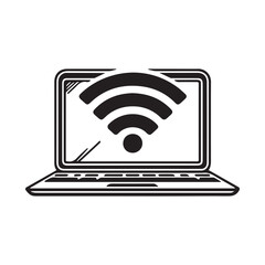 Laptop with WiFi Signal Icon Vector Black and White