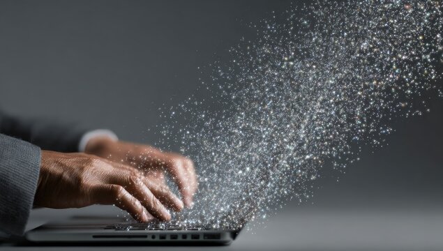Hands typing on a laptop, digital particles erupting