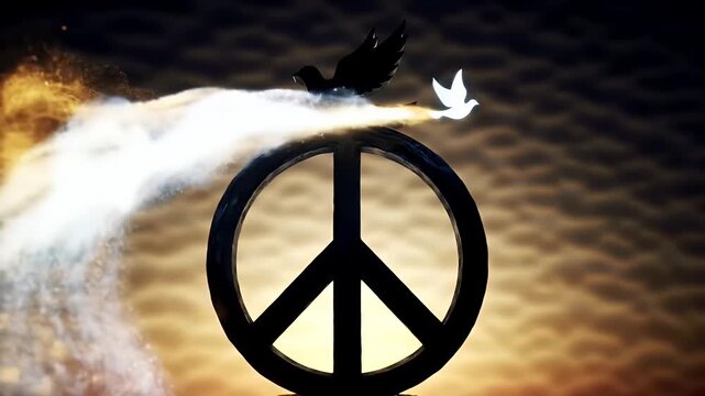 Symbol of Peace Two Doves Flying Towards Each Other Over a Peace Sign with Smoke Effect