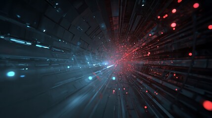 Abstract Technology Tunnel with Glowing Particles and Light Rays Design