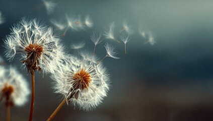Two dandelion seeds in soft light, blowing away