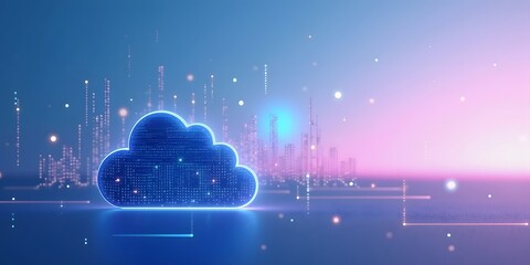 Data cloud technology background, futuristic geometric shapes representing cloud floating against a gradient sky