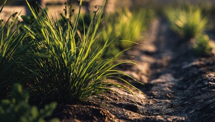 Sunlight filters through vibrant green grass on a garden path
