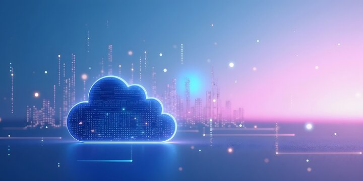 Data cloud technology background, futuristic geometric shapes representing cloud floating against a gradient sky