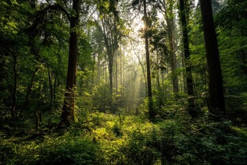 Naklejka premium Sunlight streams through a dense forest (3)