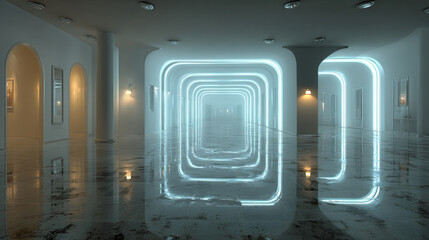 Obraz premium 3d rendering. HDRI environment map. 360 degree spherical seamless vr panorama. Abstract empty t interior with abstract rectangular decorative elements with neon lighting.