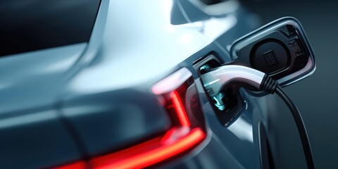 The electric car charging with a sleek plug at an urban charging station.