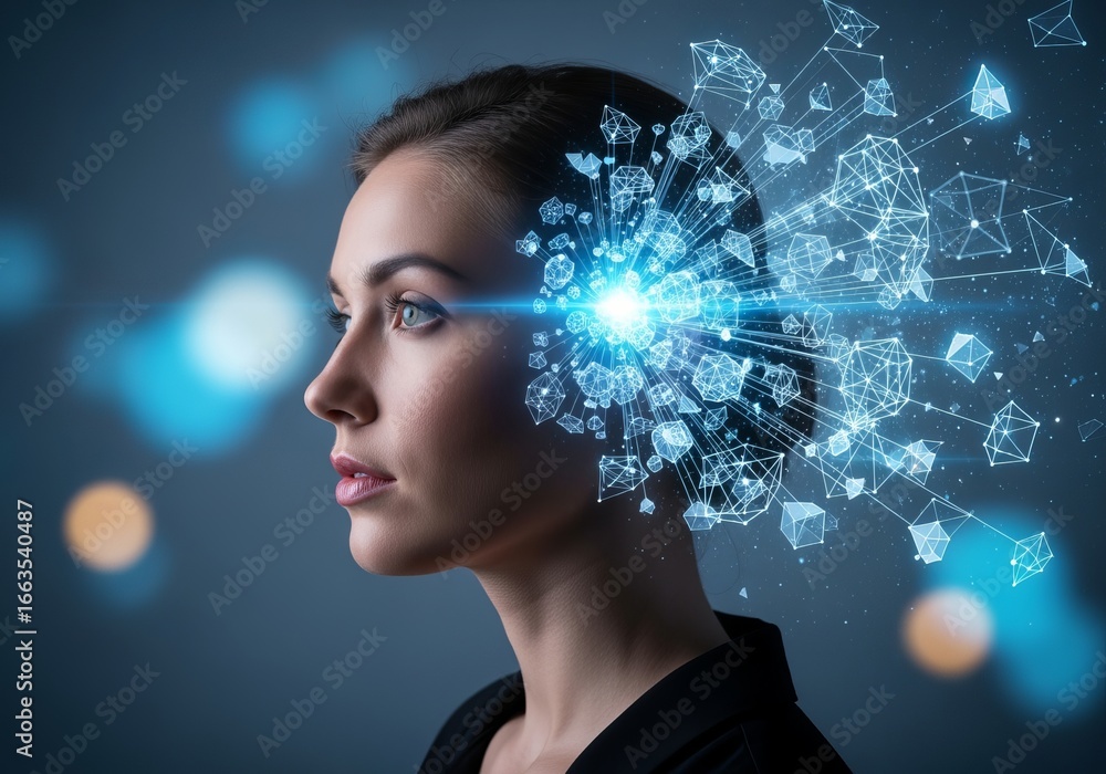 Poster woman with digital neural network visualization concept of artificial intelligence