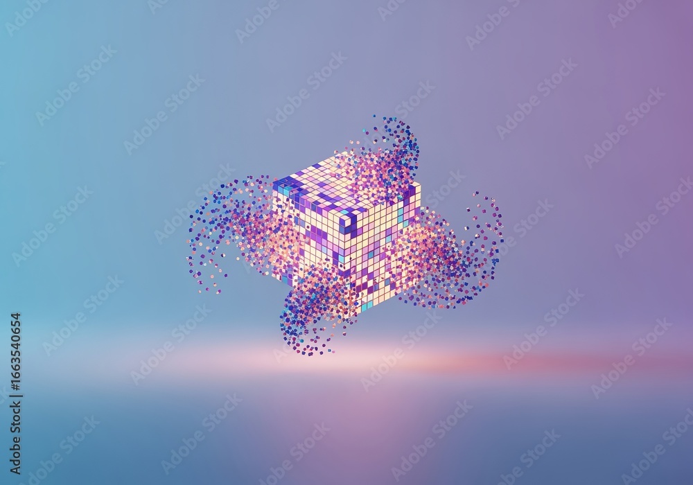 Poster floating cube made of colorful digital pixels with dynamic particles