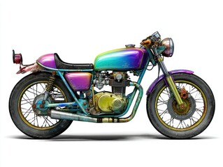 Custom Multicolored Vintage Motorcycle with Weathered Finish on White Background