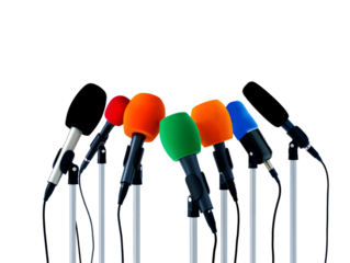 Cluster of colorful microphones on stands for press conference or media event in white transparent png background cutout	