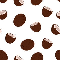 Seamless tropical pattern featuring stylized coconuts on a white backdrop, suitable for summer themes, fabric prints, or culinary designs.