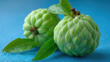 Obraz premium Fresh Green Custard Apples with Leaves on Blue Background, Perfect for Food Photography and Culinary Design