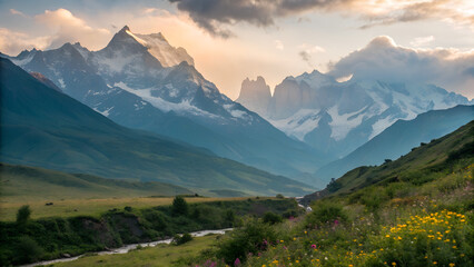 Alpine panorama with a fiery sunset over the snow-capped mountain range, casting a golden light on the green valley below