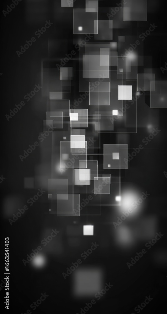 Poster abstract graphic of many overlapping squares in grayscale