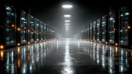 Dark server room data center storage with blue lights 3D rendering