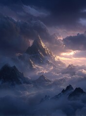 Dramatic mountain range bathed in golden sunset light, shrouded in clouds