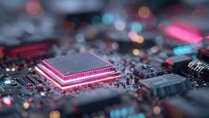 Close-up of a circuit board with a central processor chip, highlighted by vibrant pink neon light.  Complex electronic components are visible in the foreground and background,  blurred for depth