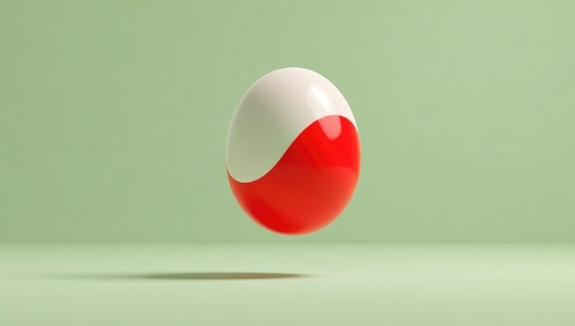 A white and red yin-yang egg floats on a pale mint green background - Powered by Adobe