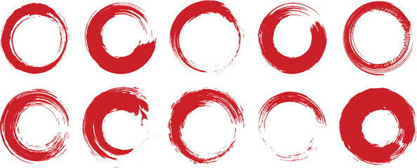 Handmade enso brush ring icons in red and black, featuring rustic textured strokes, abstract imperfect circles, spiritual meditation inspired symbols, and Japanese calligraphy design.