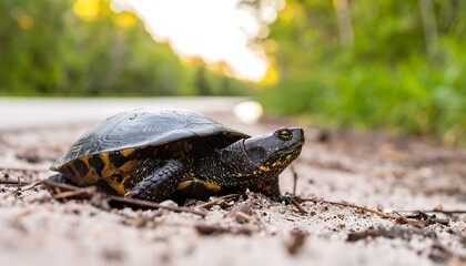 Fototapeta premium Close-up view of a speckled tortoise resting on a sandy path, surrounded by blurred greenery and a road.