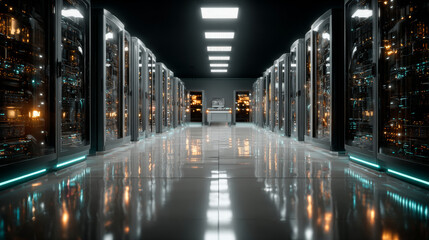 Dark server room data center storage with blue lights 3D rendering