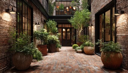 Obraz premium Urban courtyard with brick walls, plants, and modern accents