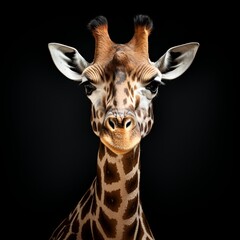 Elegant Giraffe Portrait Against a Deep Black Backdrop Majestic Wildlife