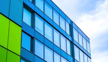 A modern office building facade with vibrant green and blue panels, showcasing a geometric design and numerous windows.